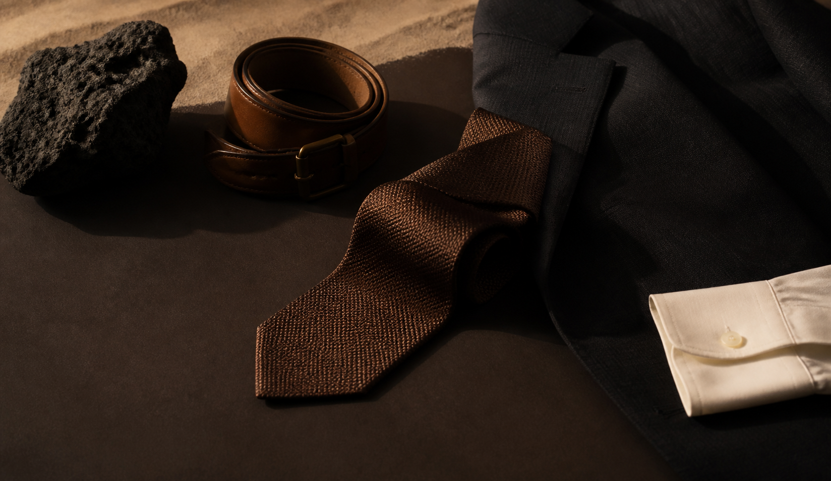 Estudio de materiales con chaqueta oscura, camisa marfil, corbata texturada, cinturón de cuero y piedra volcánica